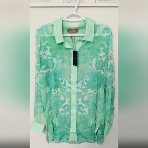 Nacre Designer 100% Silk blouse bathing coverup Sage Mint Shirt sz L vacation